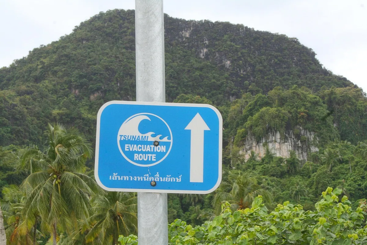 Blue tsunami evacuation route sign pointing inland in front of green limestone hills