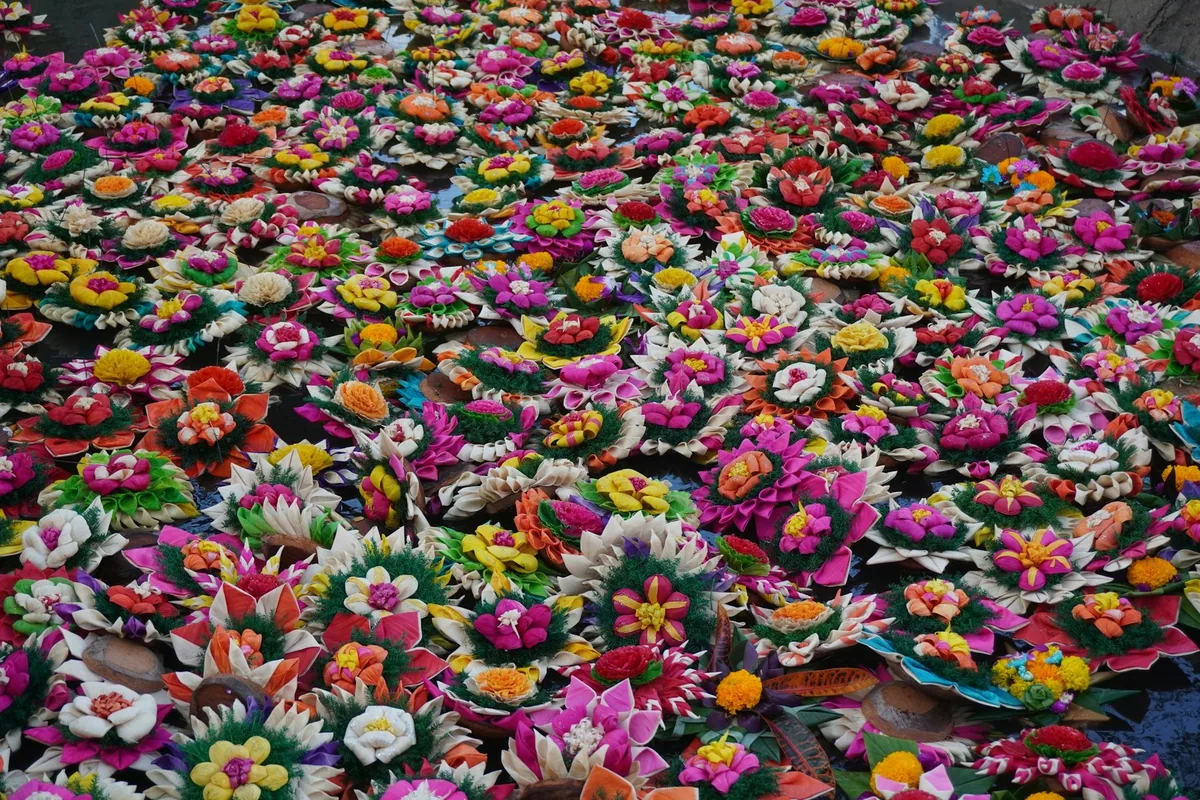 Dozens of colourful flower krathongs floating close together on water in Chiang Mai