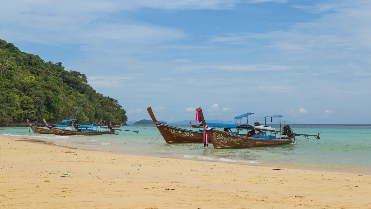 Longtail boats pulled up on Loh Moo Dee beach on Ko Phi Phi Don, with a forested headland behind