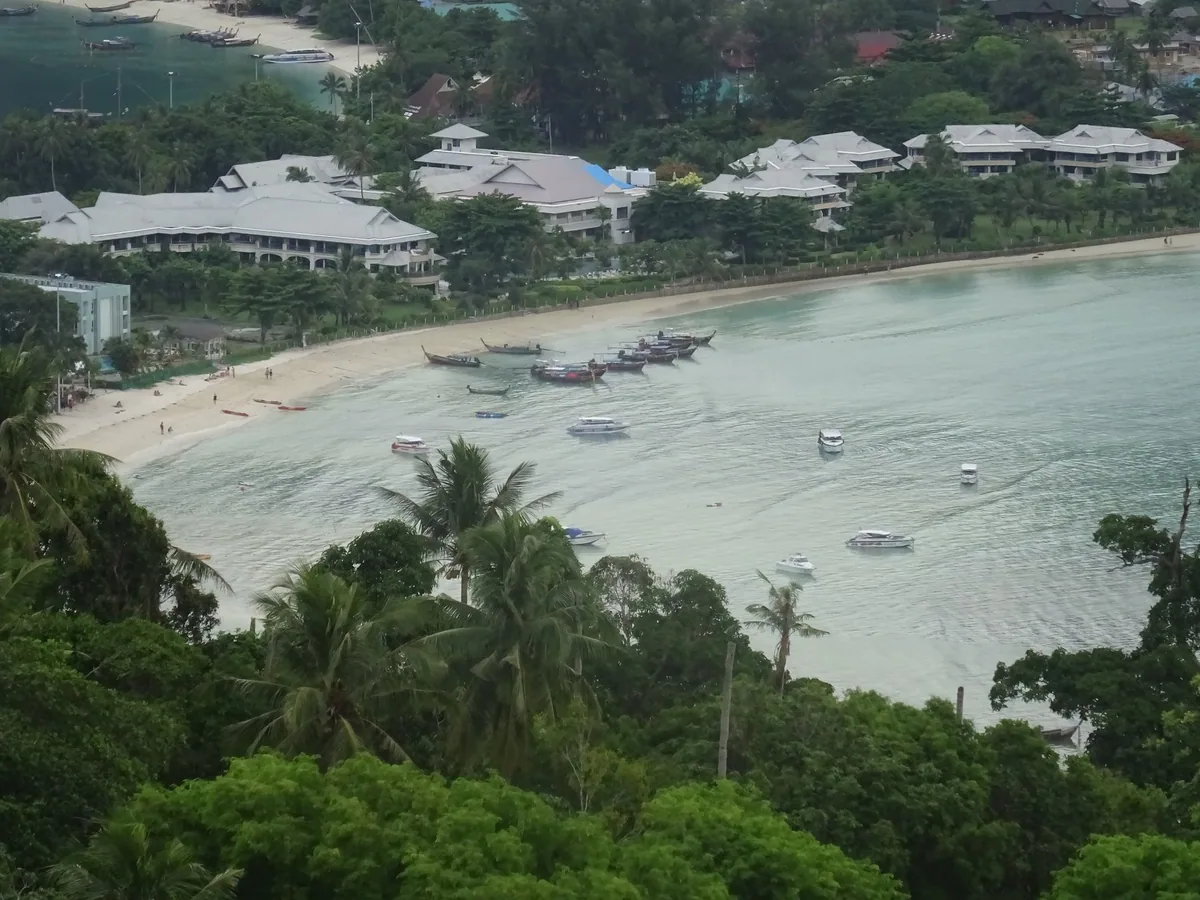 Longtail boats anchored in the shallow water of Loh Dalum Bay on Ko Phi Phi Don, seen from the hillside