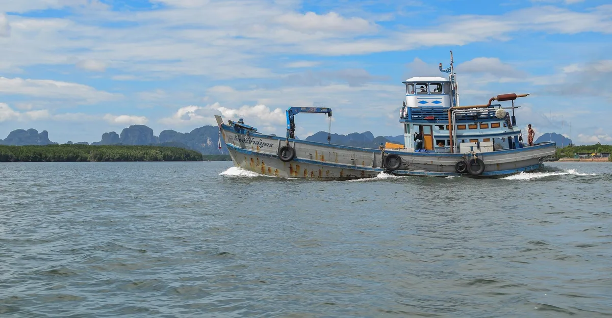 Tour boat crossing Phang Nga Bay with limestone karst islands on the horizon