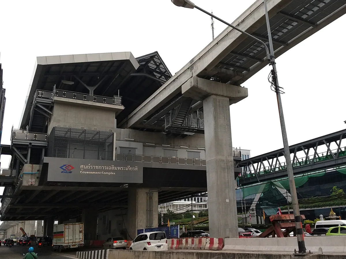 Elevated Government Complex station on Bangkok's MRT Pink Line, the stop for the Chaeng Watthana offices
